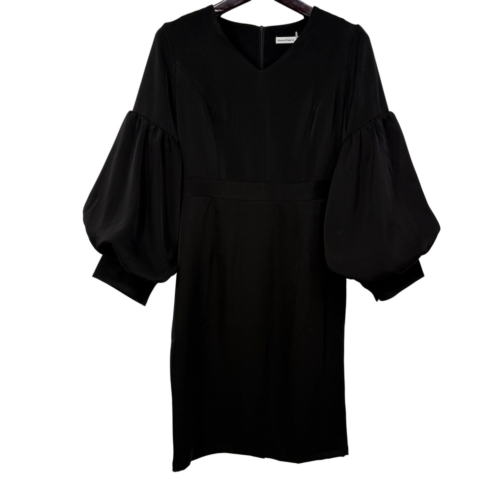 Marina Kaneva Black V-Neck Puff Balloon Sleeve Sheath Midi Dress Size 12 Elegant